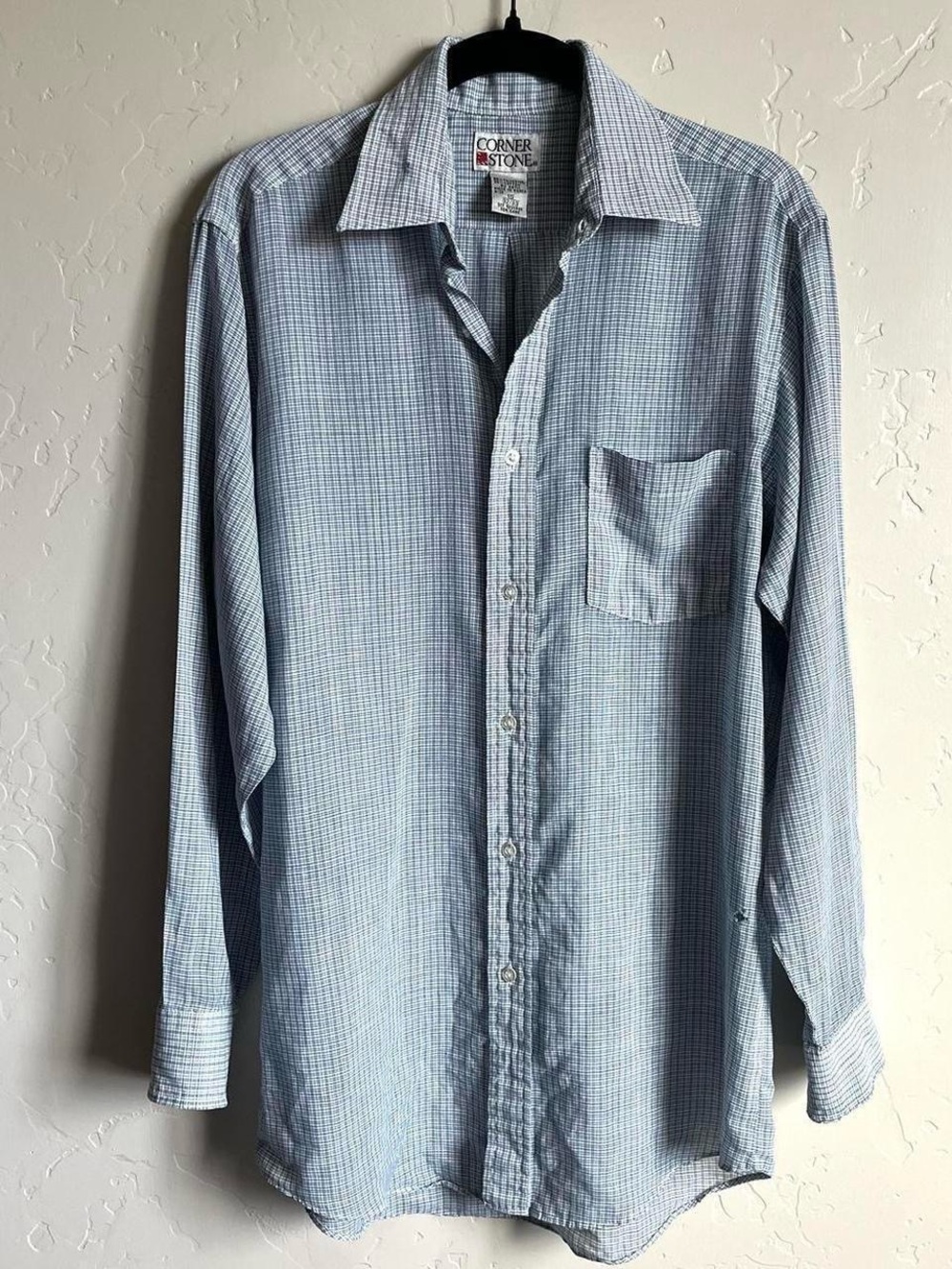 Corner Stone vintage worn in blue white checkered long sleeve button up shirt